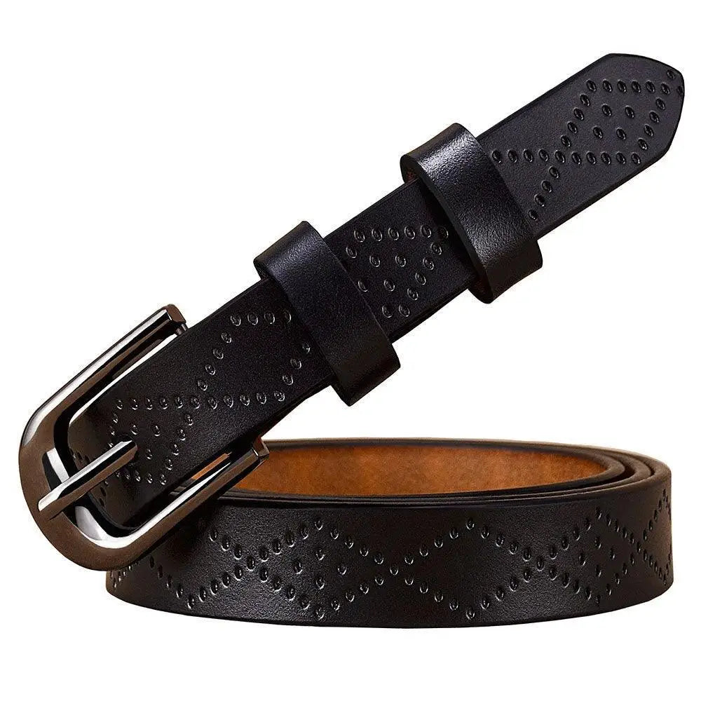 Black leather belt with silver buckle from Pinaria Leather Belt Collection featuring diamond pattern