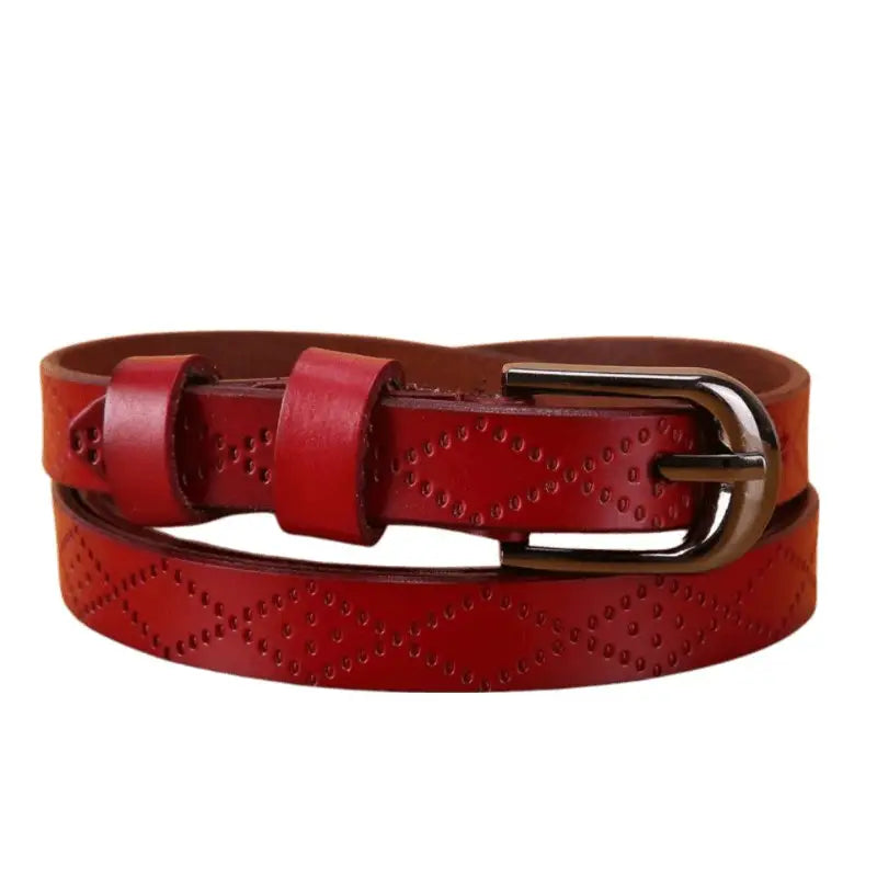 Red leather belt from the Pinaria Leather Belt Collection with silver buckle and diamond pattern