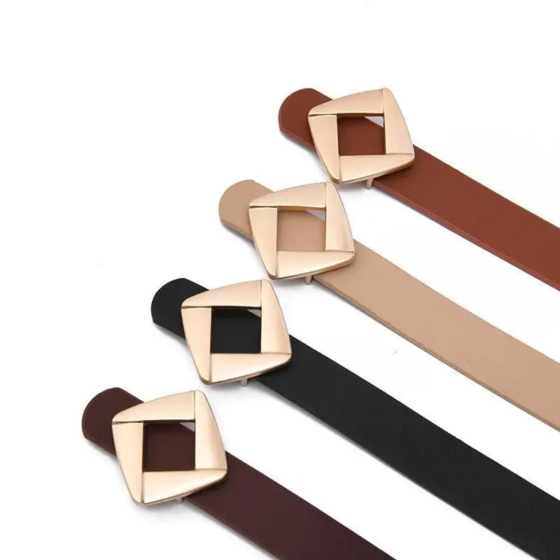 Assorted genuine leather belts with square gold buckle and diamond accent design