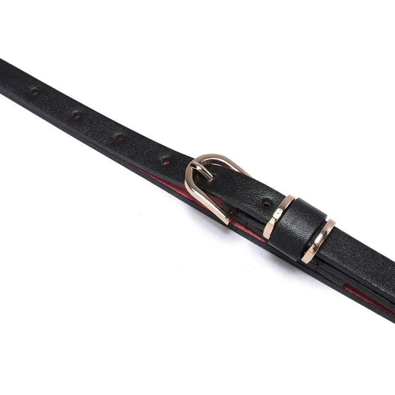Roxane Leather Belt with silver buckle complements ribbed beige choker-neck sweater