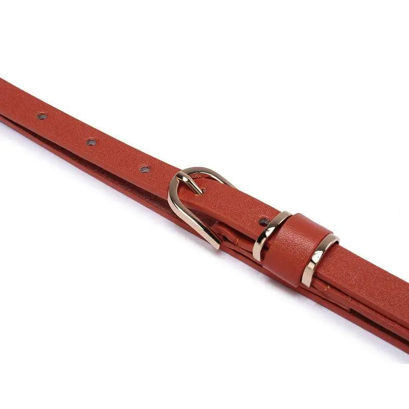 Brown Roxane Leather Belt with Gold Buckle complements Ribbed Beige Choker-Neck Sweater