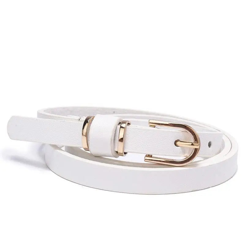 White leather belt with gold buckle from Roxane Leather Belt complementing ribbed beige choker-neck sweater