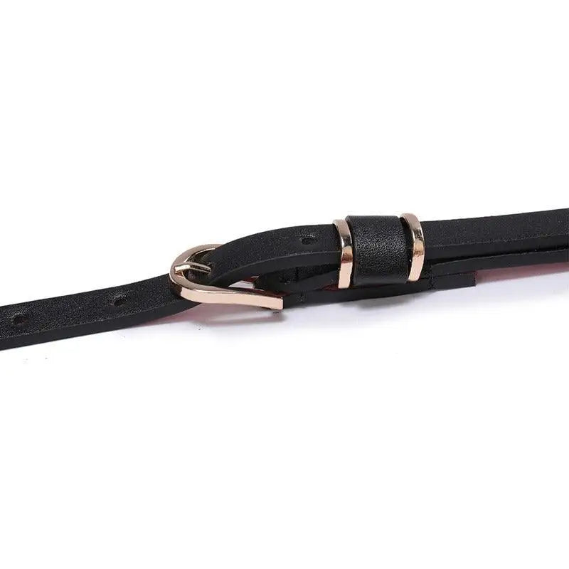 Roxane Leather Belt with Gold Buckle complements Ribbed Beige Choker-Neck Sweater