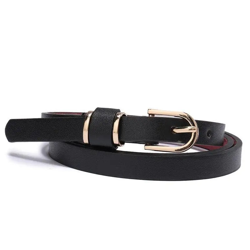 Roxane Leather Belt with Gold Buckle complements Ribbed Beige Choker-Neck Sweater