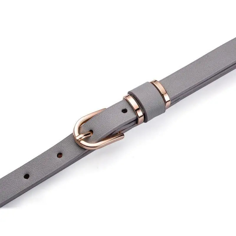 Gray leather belt with gold buckle from Roxane Leather Belt Complementing Ribbed Beige Choker-Neck Sweater