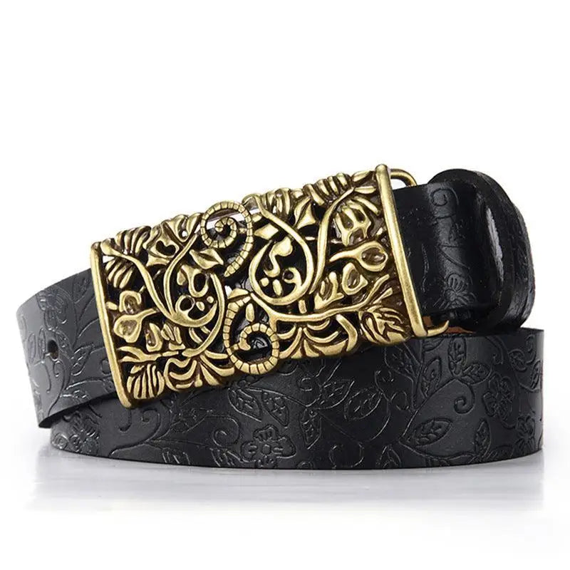 Black leather belt with ornate gold buckle displayed on a product titled Brown Leather Belt for Women