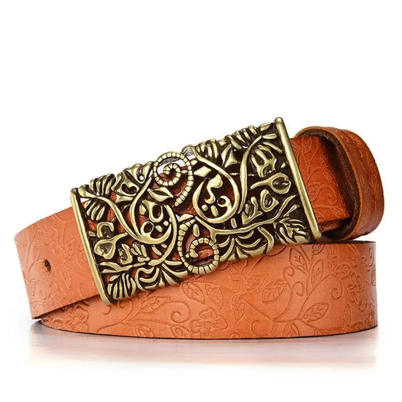 Embossed brown leather belt with ornate gold buckle for women product image