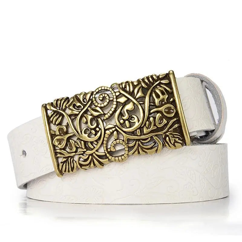 White leather belt featuring an ornate gold buckle for women