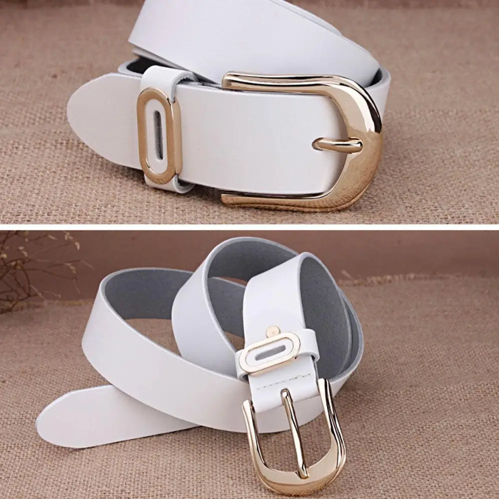 White leather belt with gold buckle for a Brown Leather Belt with Gold Buckle product