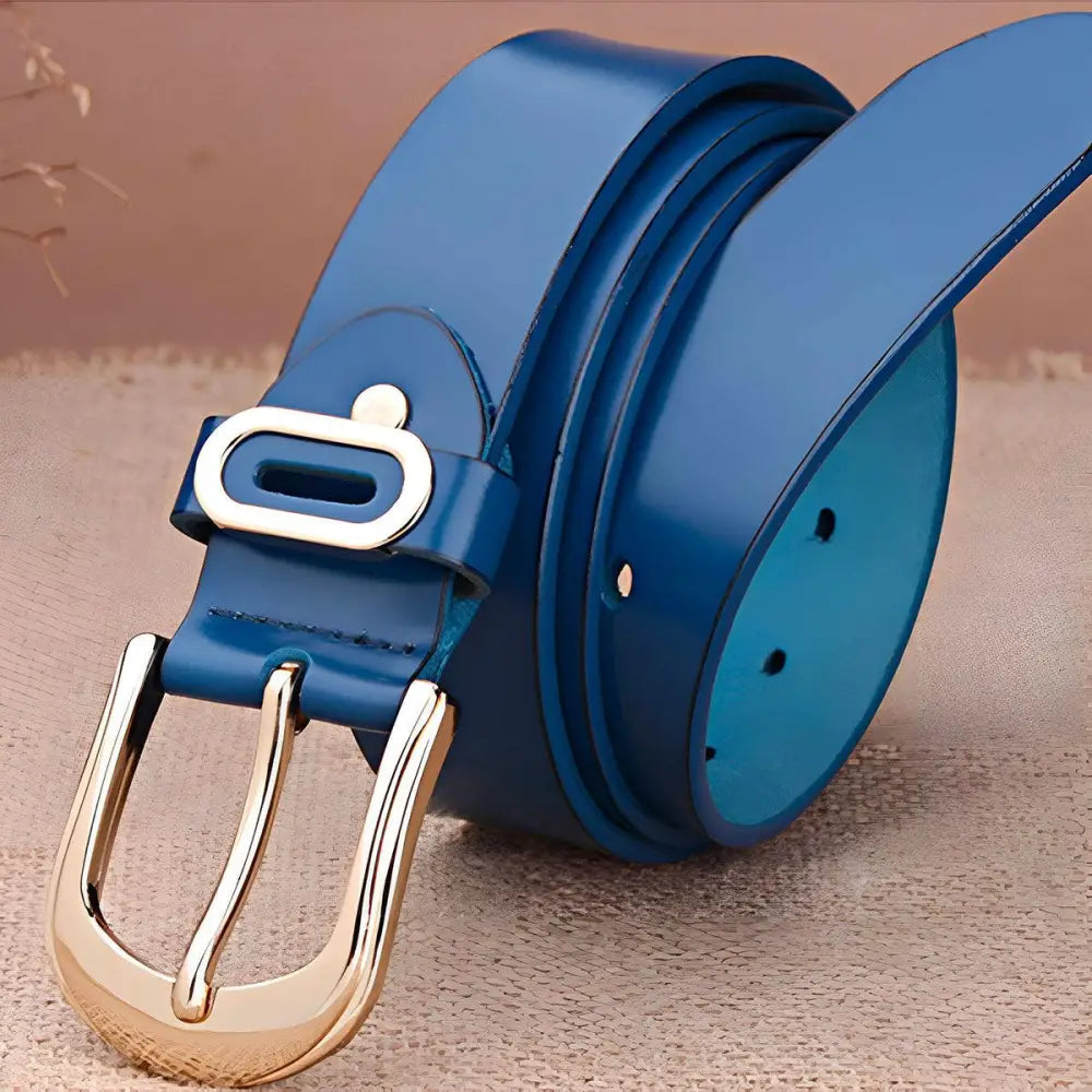 Blue leather belt with gold buckle displayed under Brown Leather Belt with Gold Buckle product name