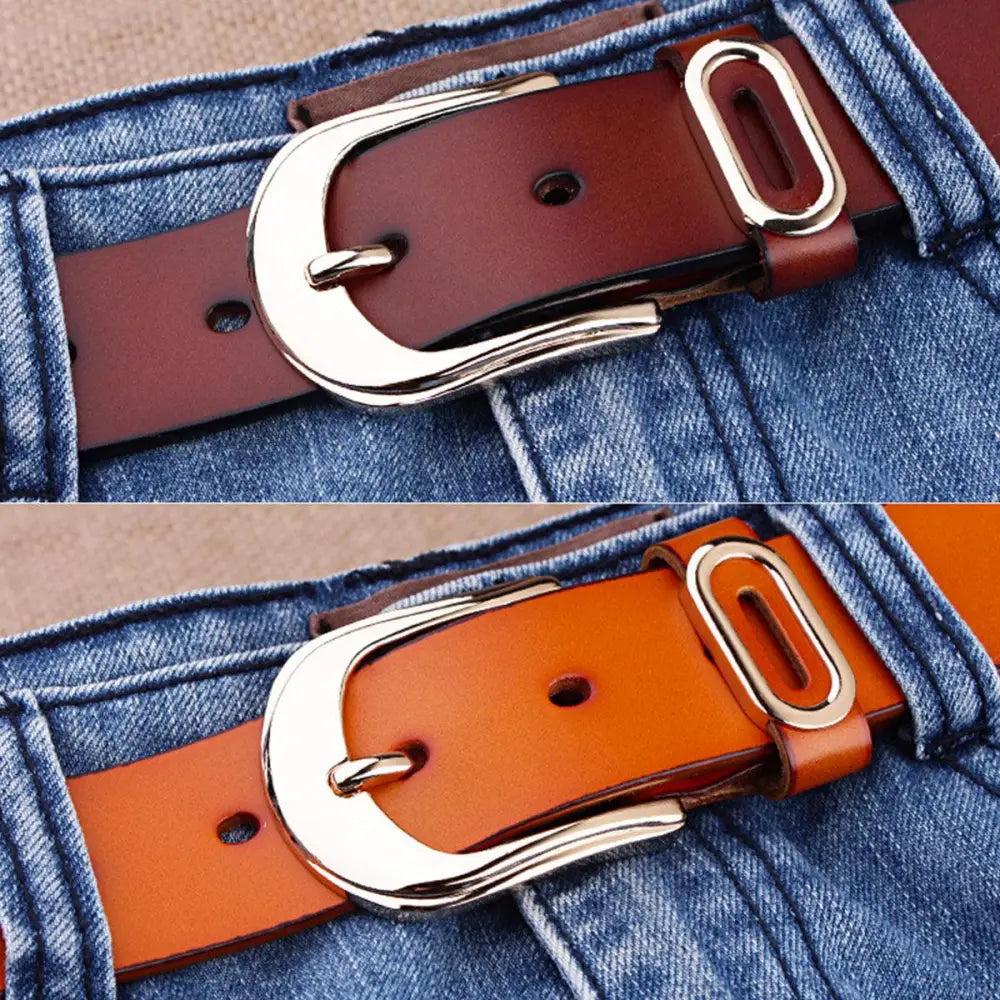 Brown leather belt with a gold buckle featuring silver accents and high-quality craftsmanship