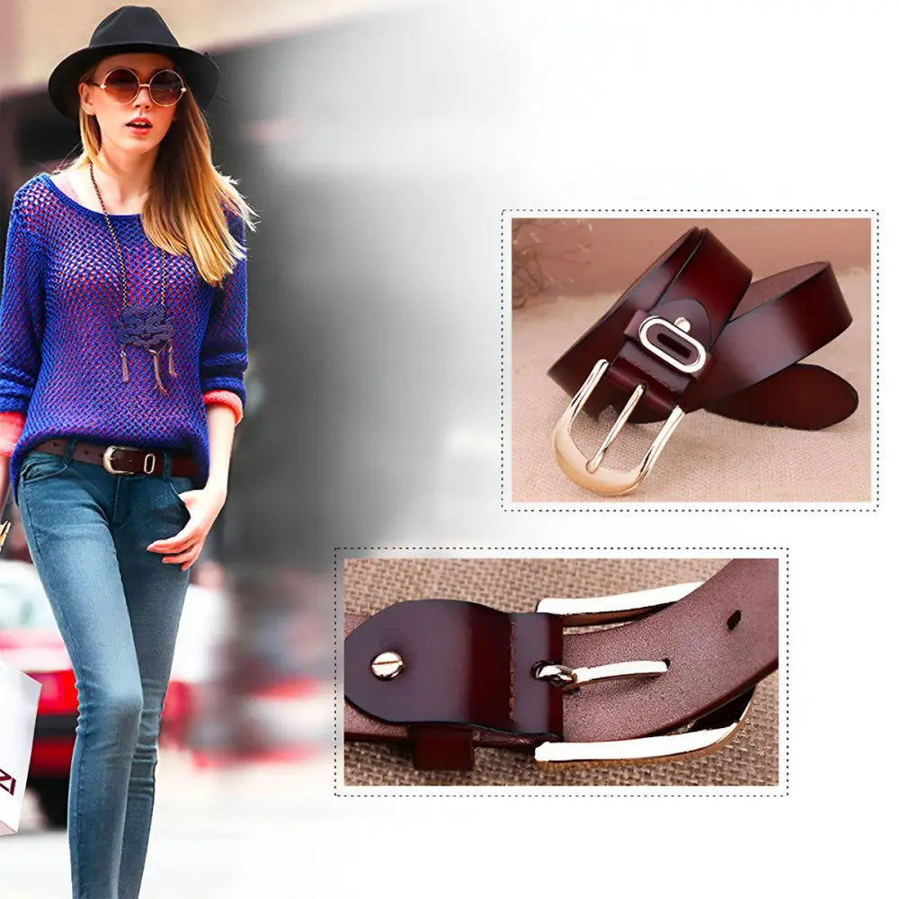Brown leather belt with a gold metal buckle displayed in the product exemplar