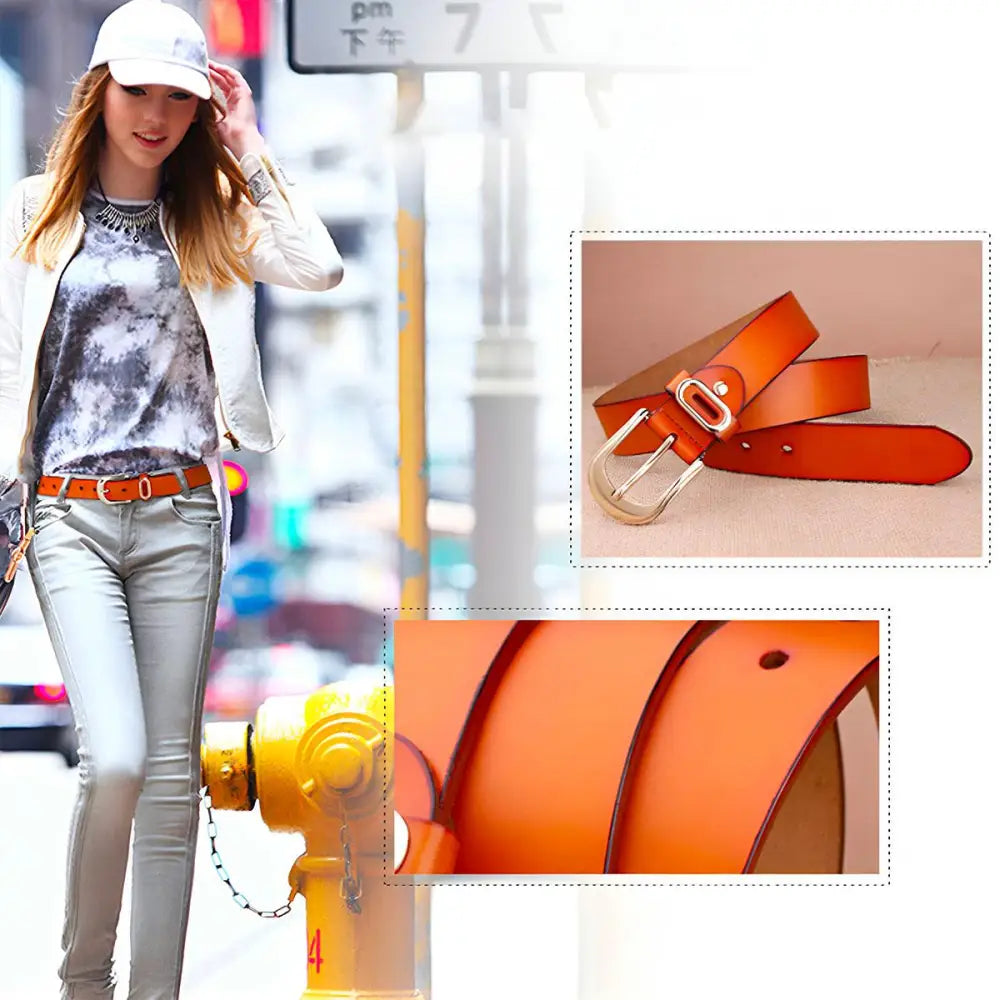 Orange leather belt with gold buckle displayed in product named Brown Leather Belt with Gold Buckle