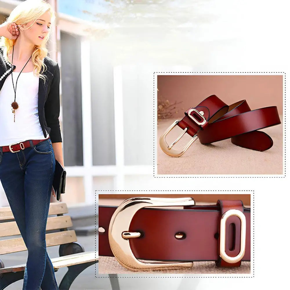 Burgundy leather belt with gold buckle displayed in Brown Leather Belt with Gold Buckle product image