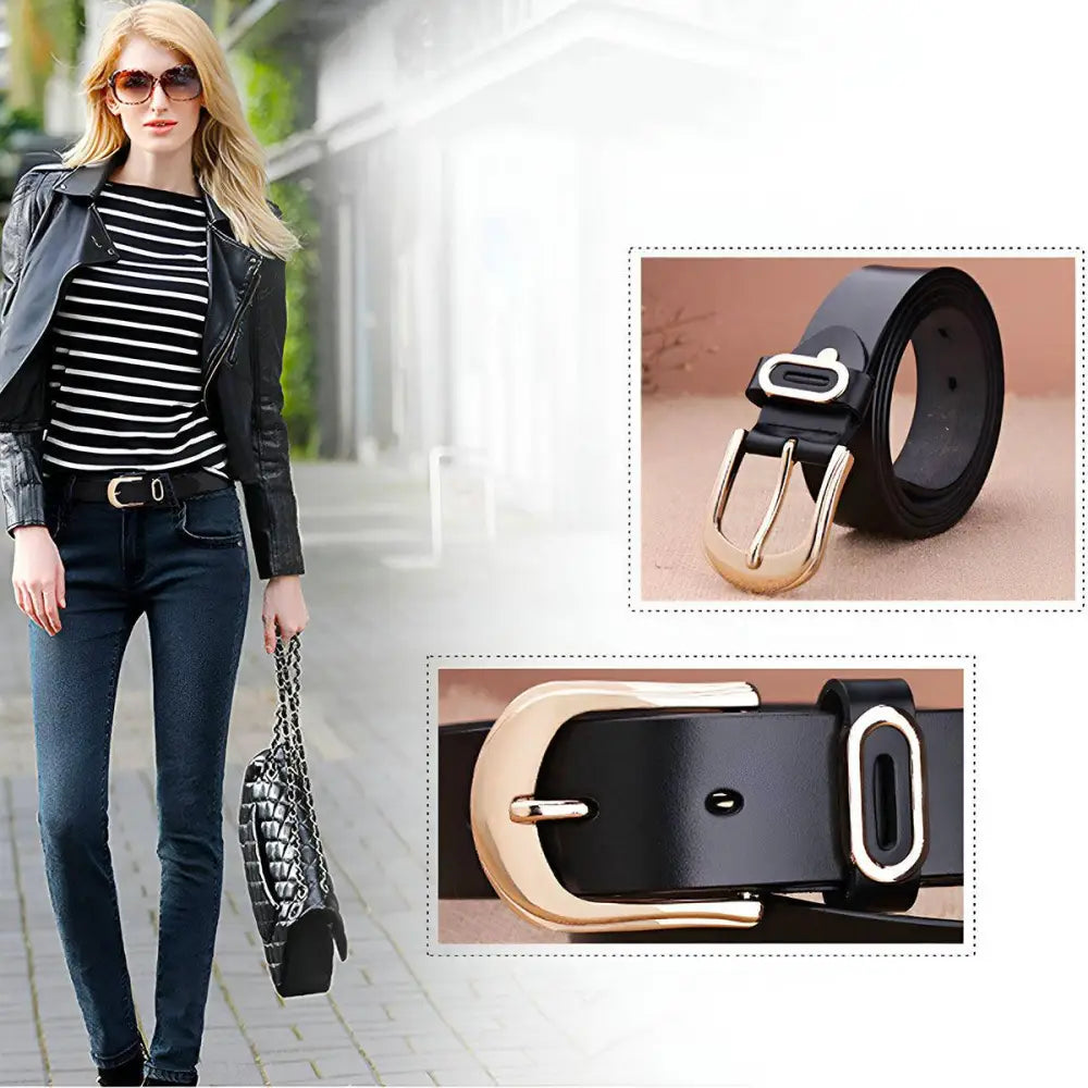 Black leather belt with gold buckle displayed for Brown Leather Belt with Gold Buckle product
