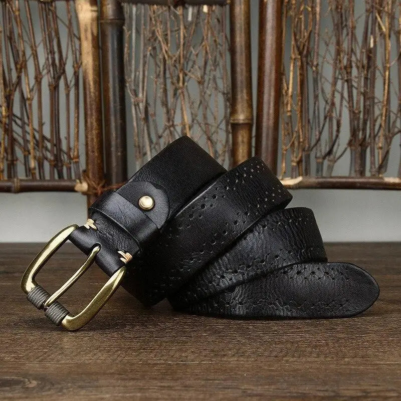 Black leather belt with gold buckle from Leather Belts with Decorative Perforations in Brown and Burgundy