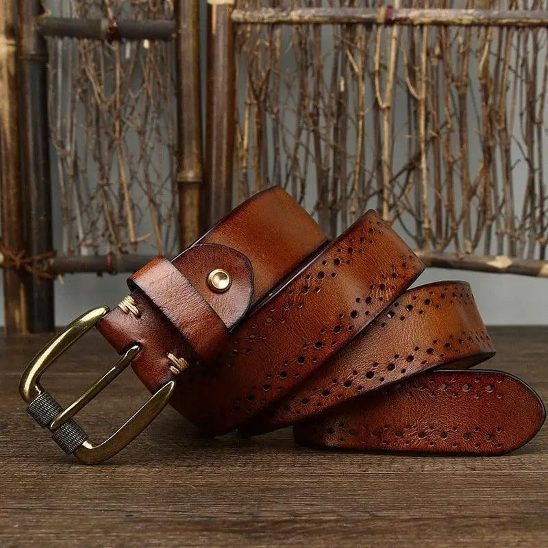 Brown leather belt with decorative perforations from Leather Belts with Decorative Perforations in Brown and Burgundy