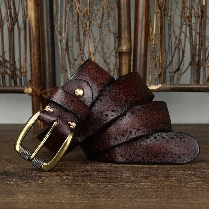 Brown leather belt with decorative perforations from Leather Belts with Decorative Perforations in Brown and Burgundy