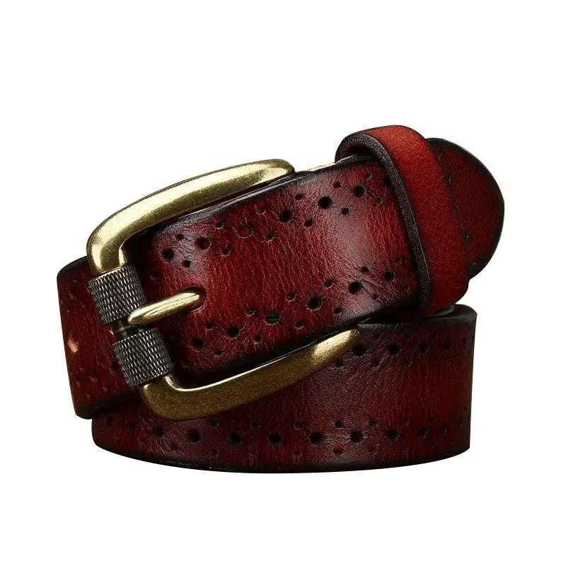 Burgundy leather belt with decorative perforations and gold buckle for stylish wear