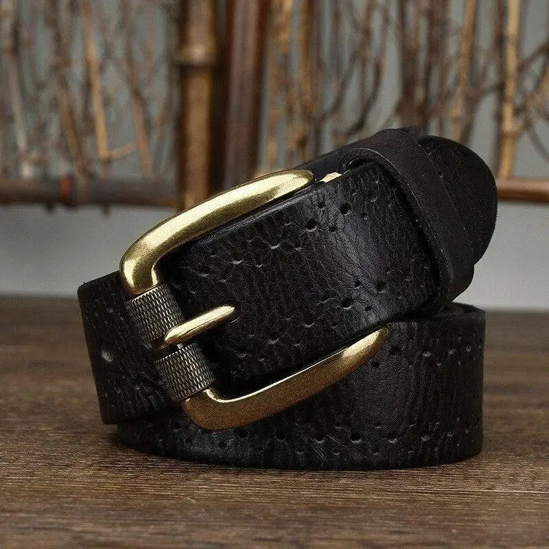 Black leather belt with gold buckle from Leather Belts with Decorative Perforations in Brown and Burgundy