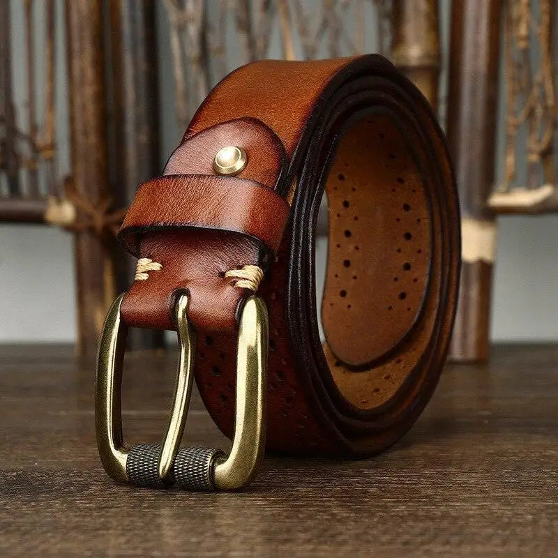 Brown leather belt with decorative perforations and brass buckle for stylish wear