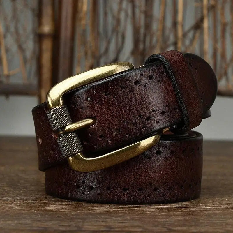Brown leather belt with brass buckle from Leather Belts with Decorative Perforations in Brown and Burgundy