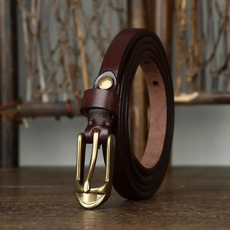 Brown leather belt with brass buckle displayed in Leather Belts with Brass Buckles in Brown and Black product