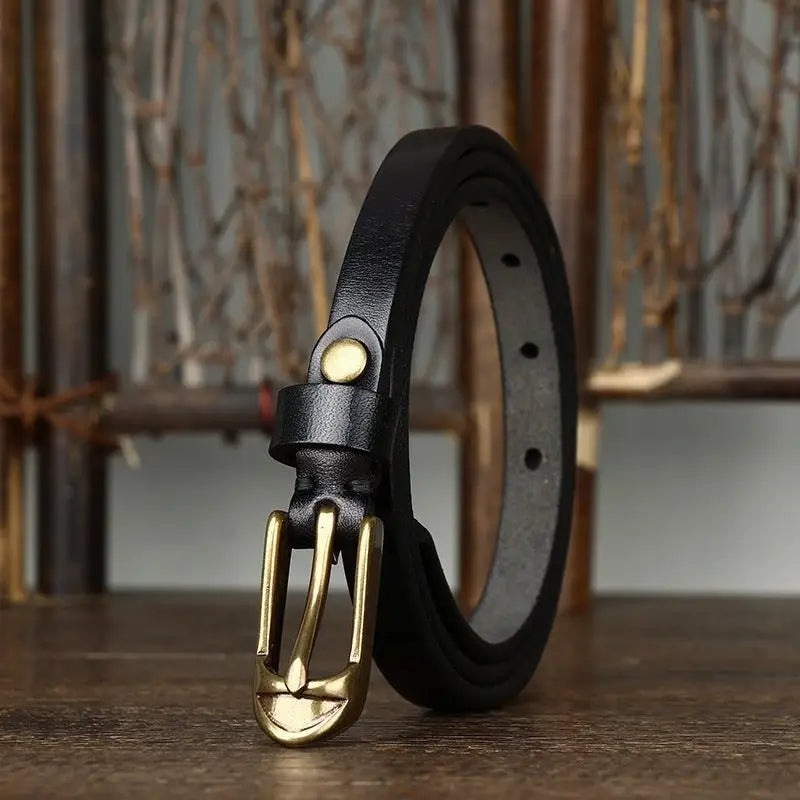 Black leather belt with a brass buckle from Leather Belts with Brass Buckles in Brown and Black