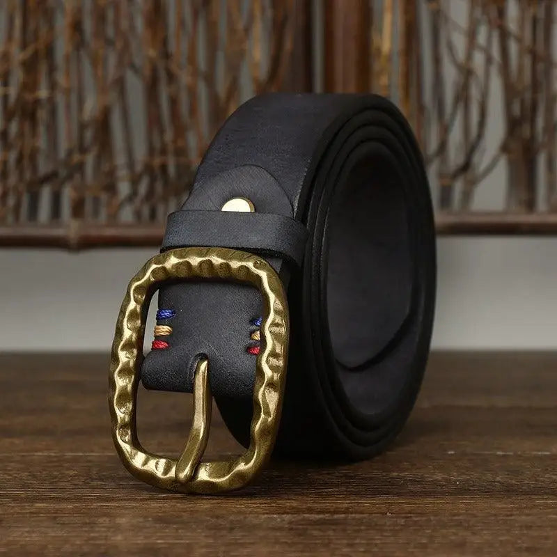 Black leather belt with hammered gold buckle from the Tahirah Model product line