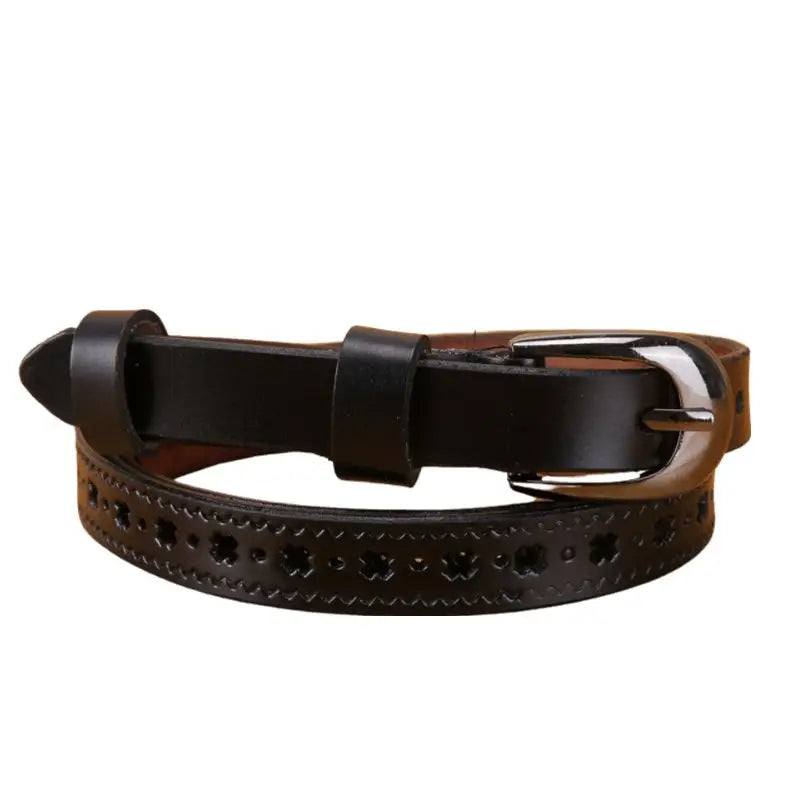 Black leather belt with decorative cutouts and adjustable buckle for stylish wear