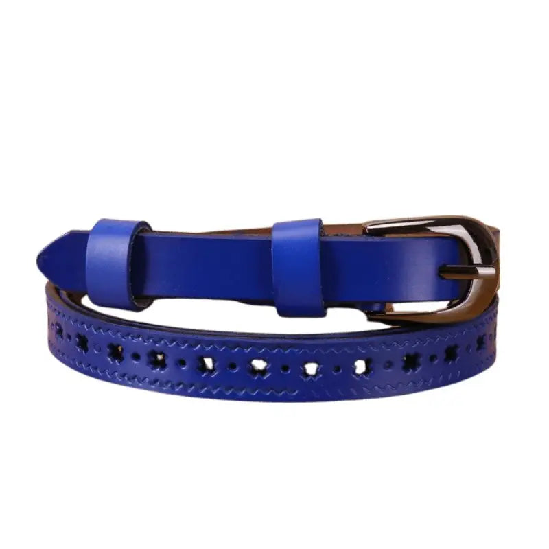 Blue leather belt with decorative cutouts and stylish buckle options