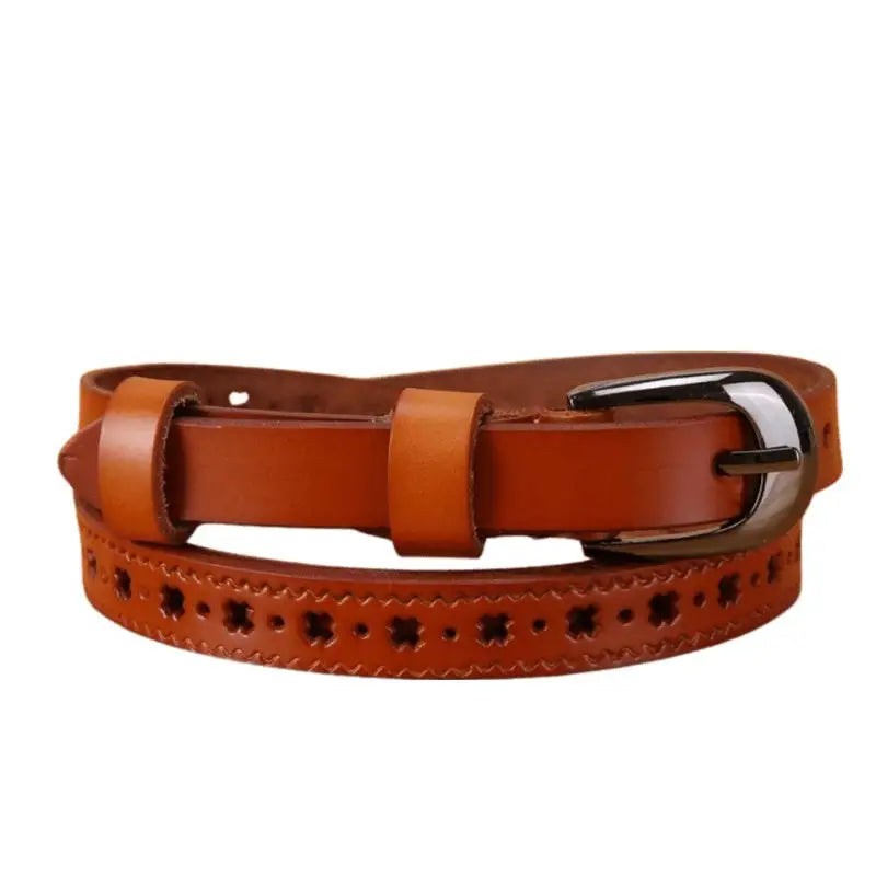 Brown leather belt with decorative cutouts from Leather Belts with Decorative Cutouts and Buckle Options