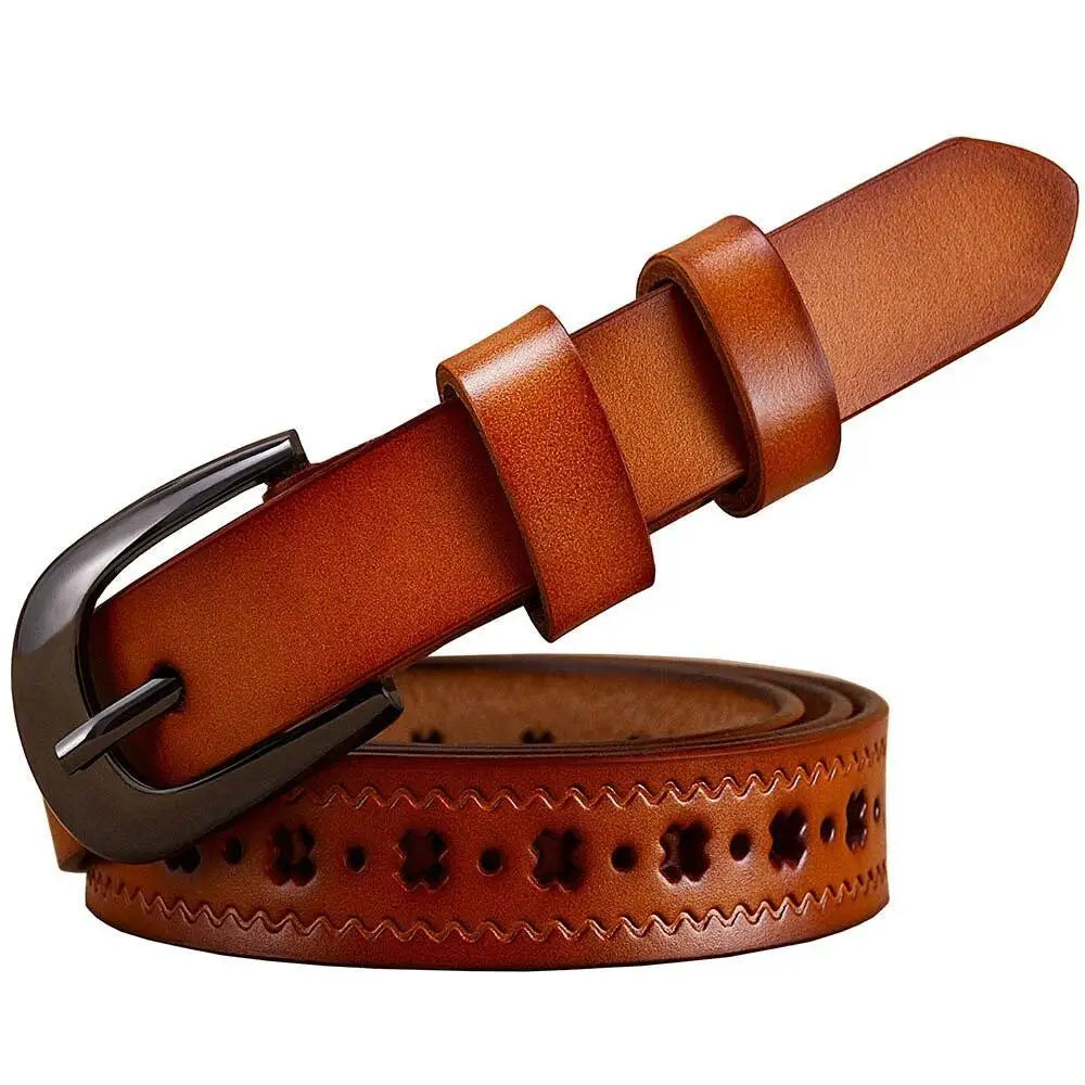 Brown leather belt with floral cutouts and decorative buckle options