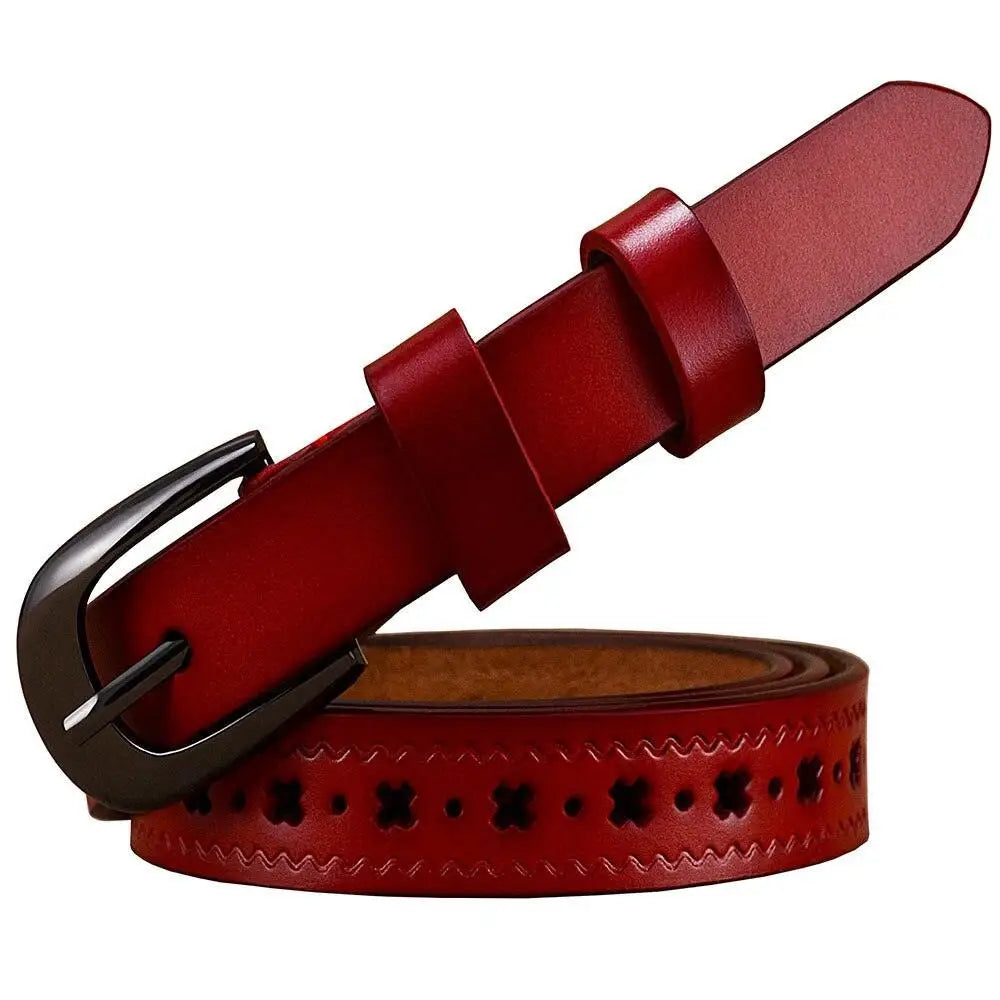 Red leather belt with decorative cutouts and adjustable buckle options