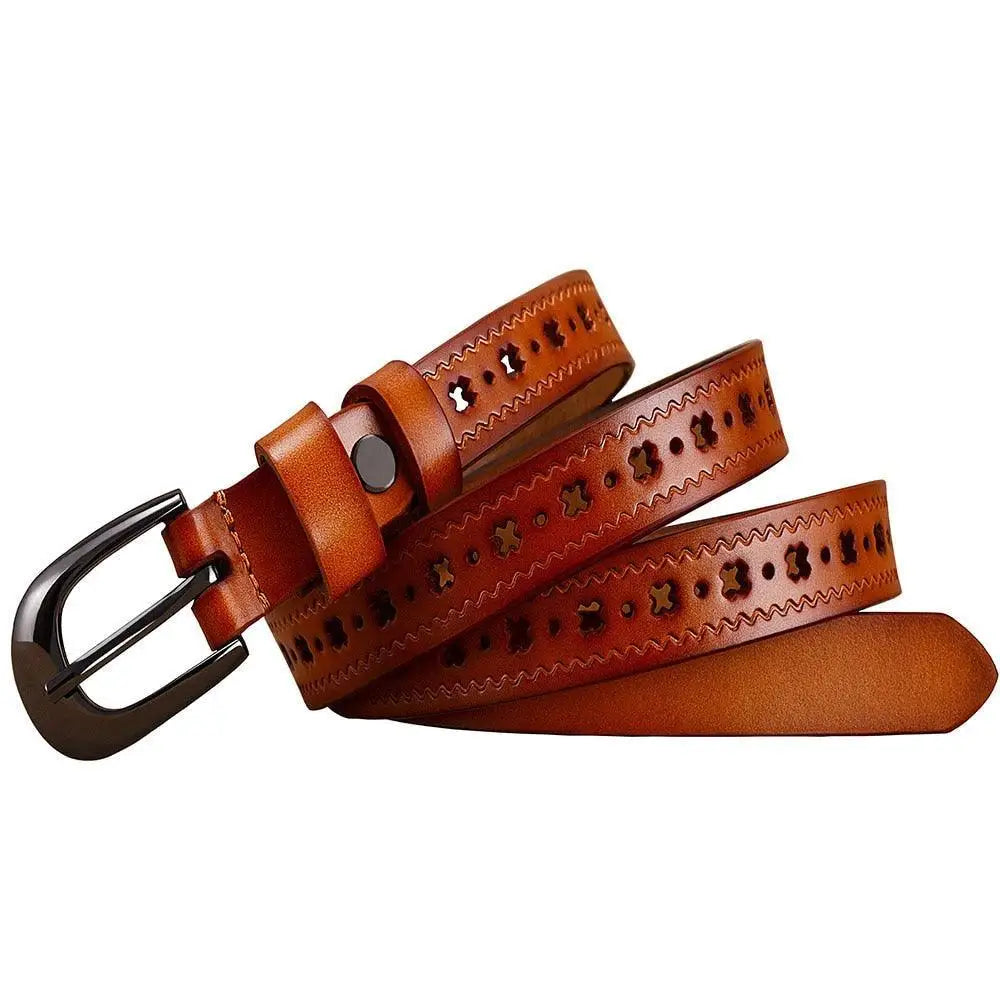 Brown leather belt with decorative cutouts and buckle options displayed in product image