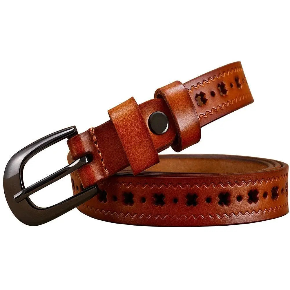 Brown leather belt with floral cutouts and decorative buckle options