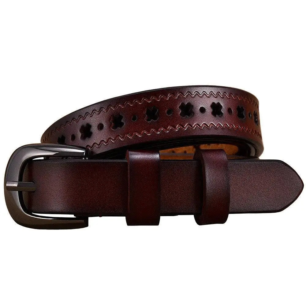Burgundy leather belt with decorative cutouts and adjustable buckle for stylish wear