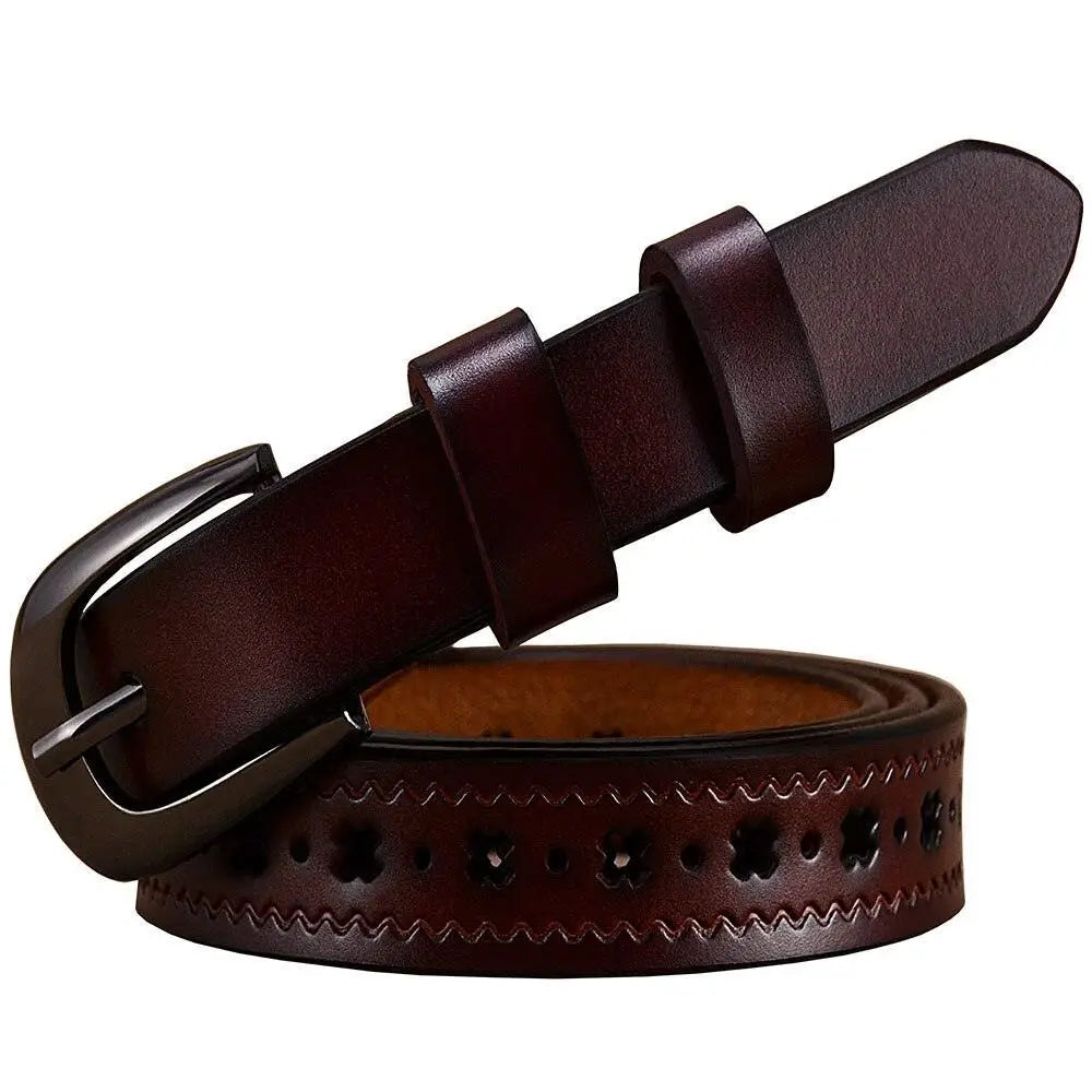 Dark brown leather belt with decorative cutouts and stylish buckle for versatile wear
