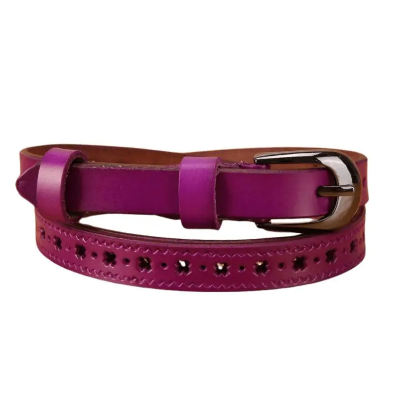 Purple leather belt with decorative cutouts and a stylish buckle for fashionable wear