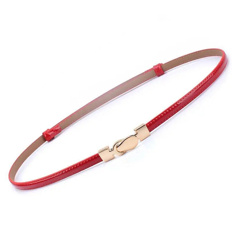 Red patent leather belt with gold buckle displayed in Blue Dress with Leather Belt Options including Thuasca Leather Belts