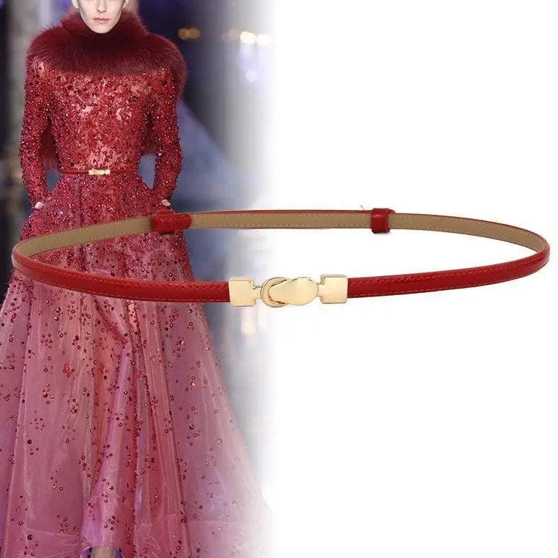 Red leather belt with gold buckle from Thuasca Leather for Blue Dress options