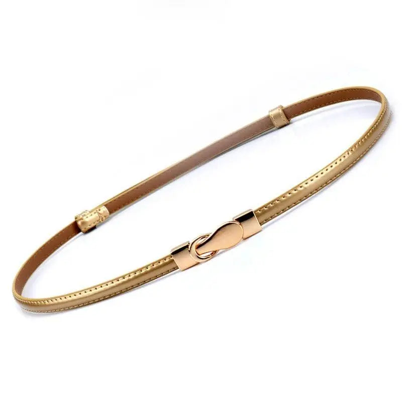 Gold-colored thin leather belt with hook buckle, ideal as a Thuasca leather belt option