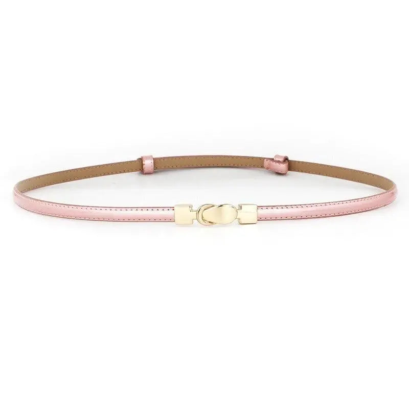 Pink metallic skinny leather belt from Thuasca Leather for Blue Dress styling