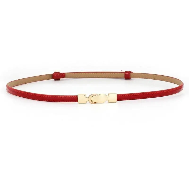 Red leather belt with gold buckle from Thuasca Leather, ideal for Blue Dress styling
