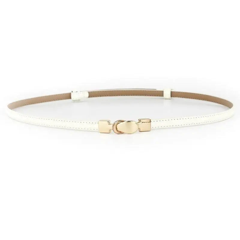 White leather belt with gold buckle featured in Blue Dress with Leather Belt Options Including Thuasca Leather Belts