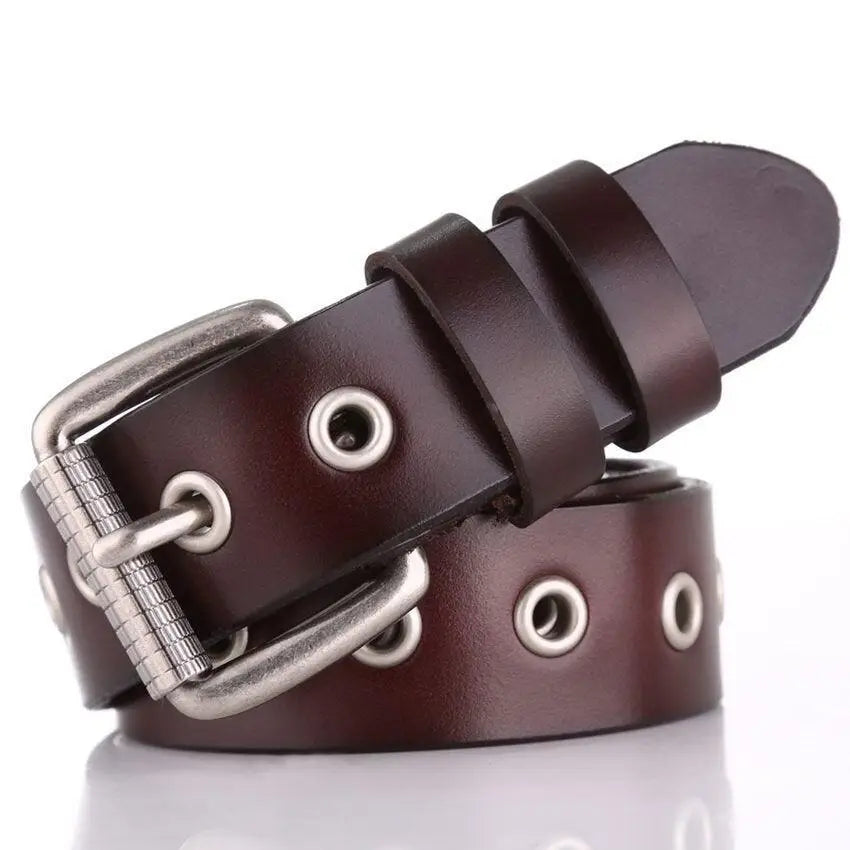 Brown Tinatin Leather Belt with Silver Grommets and Buckle for stylish accessory use