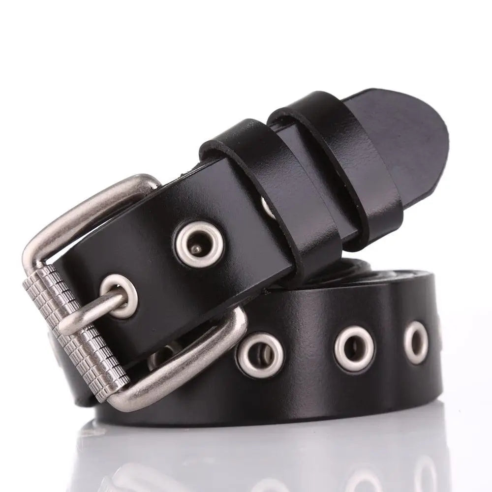 Black leather grommet belt from Tinatin Leather Belt with silver grommets and buckle