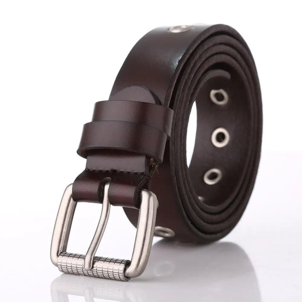 Brown Tinatin Leather Belt with Silver Buckle and Grommets for stylish wear