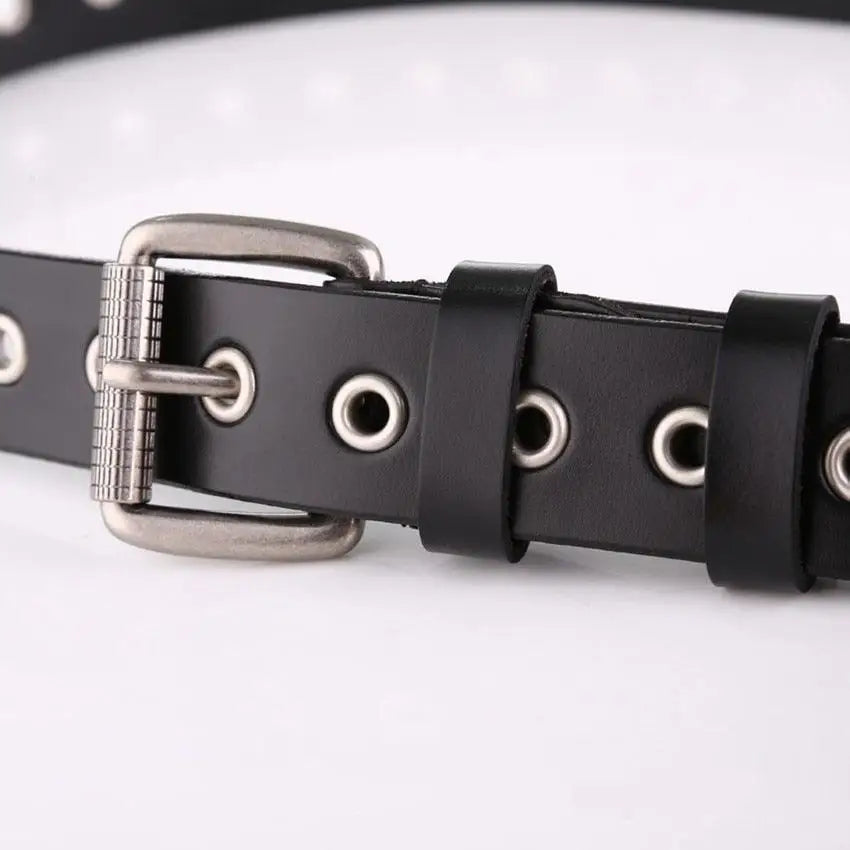 Black Tinatin Leather Belt with Silver Grommets and Metal Buckle for Men and Women