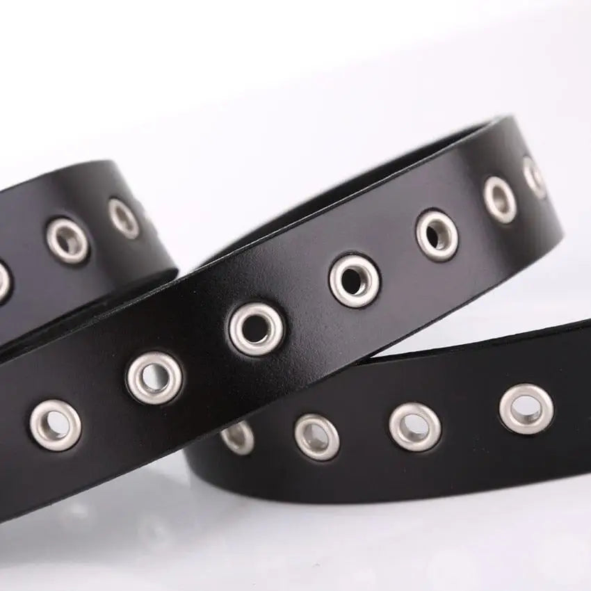 Black Tinatin Leather Belt with Silver Grommets and Buckle, high-quality leather belt